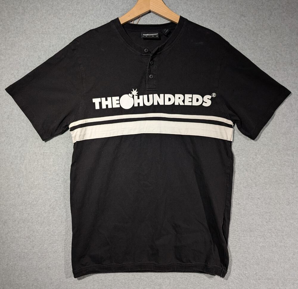 The Hundreds Spellout Black White Striped 1/4 Button Short Sleeve Large T Shirt